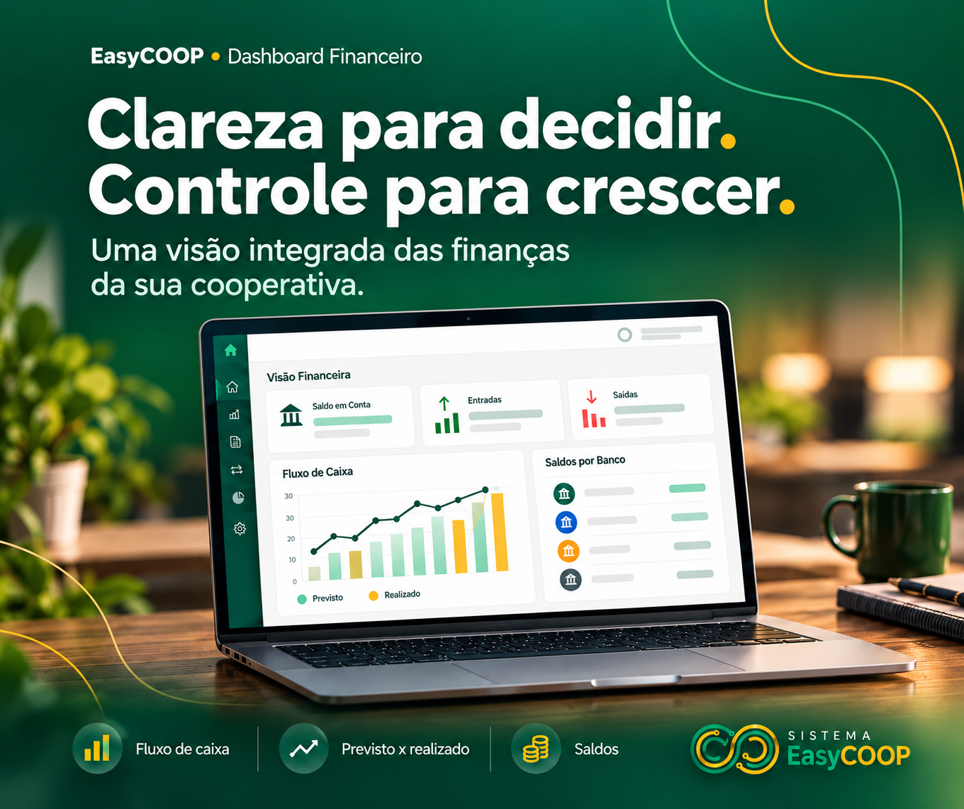 EasyCOOP Dashboard Financeiro. Clareza para decidir. Controle para crescer. Uma visão integrada das finanças da sua cooperativa.